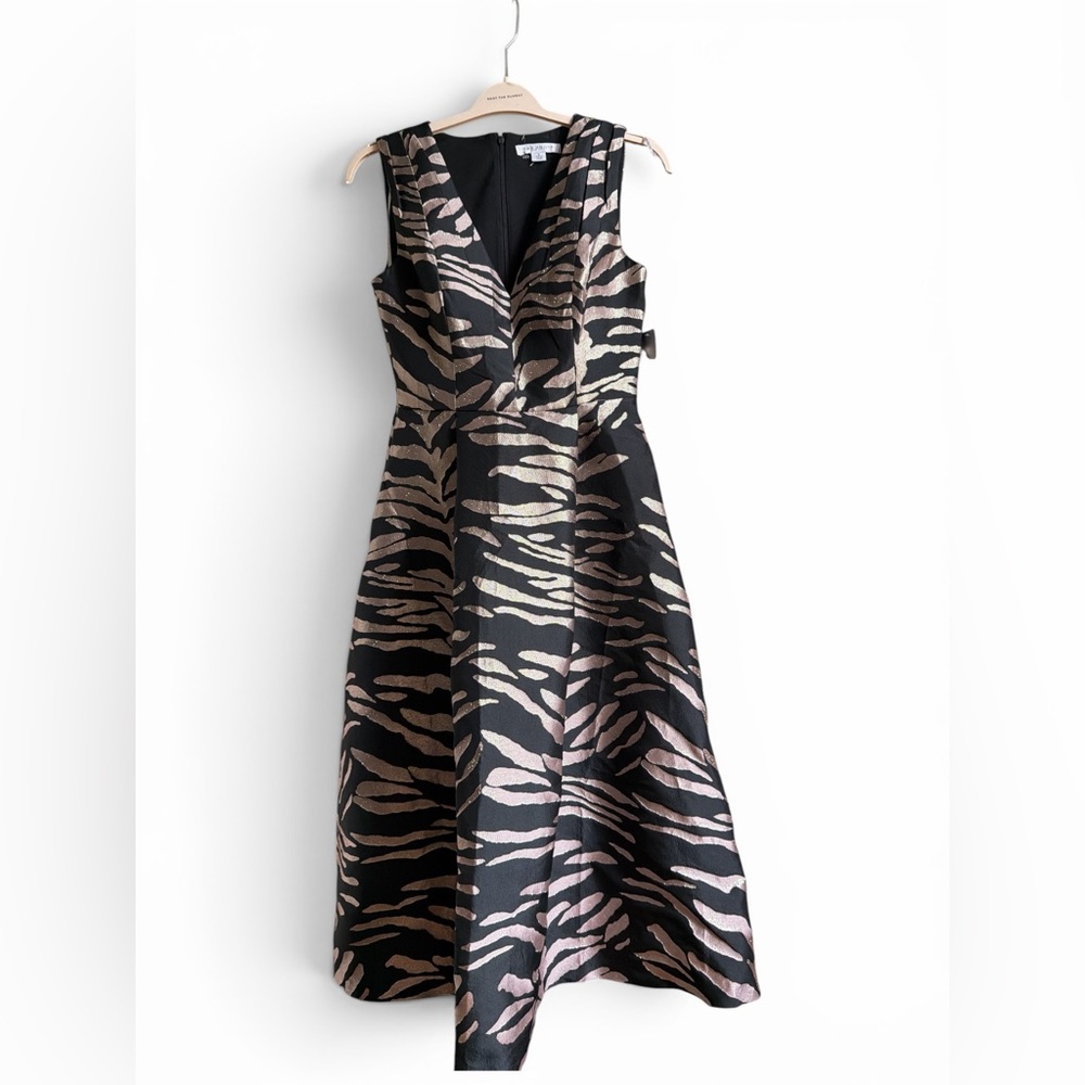 Kay Unger Black & Beige Zebra-Print V-Neck Midi Dress Cocktail Evening Gala Prom - Picture 6 of 9